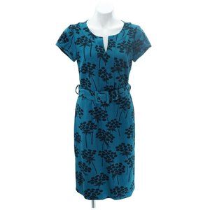 Boden Notch Neck Shift Dress Blue Floral Damask Belted Lined Size US 6R